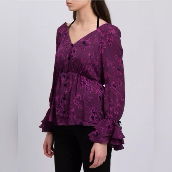 CINQ A SEPT Size Medium MABEL PURPLE FLORAL SILK BLACK VELVET RUFFLE BLOUSE TOP - Picture 6 of 16